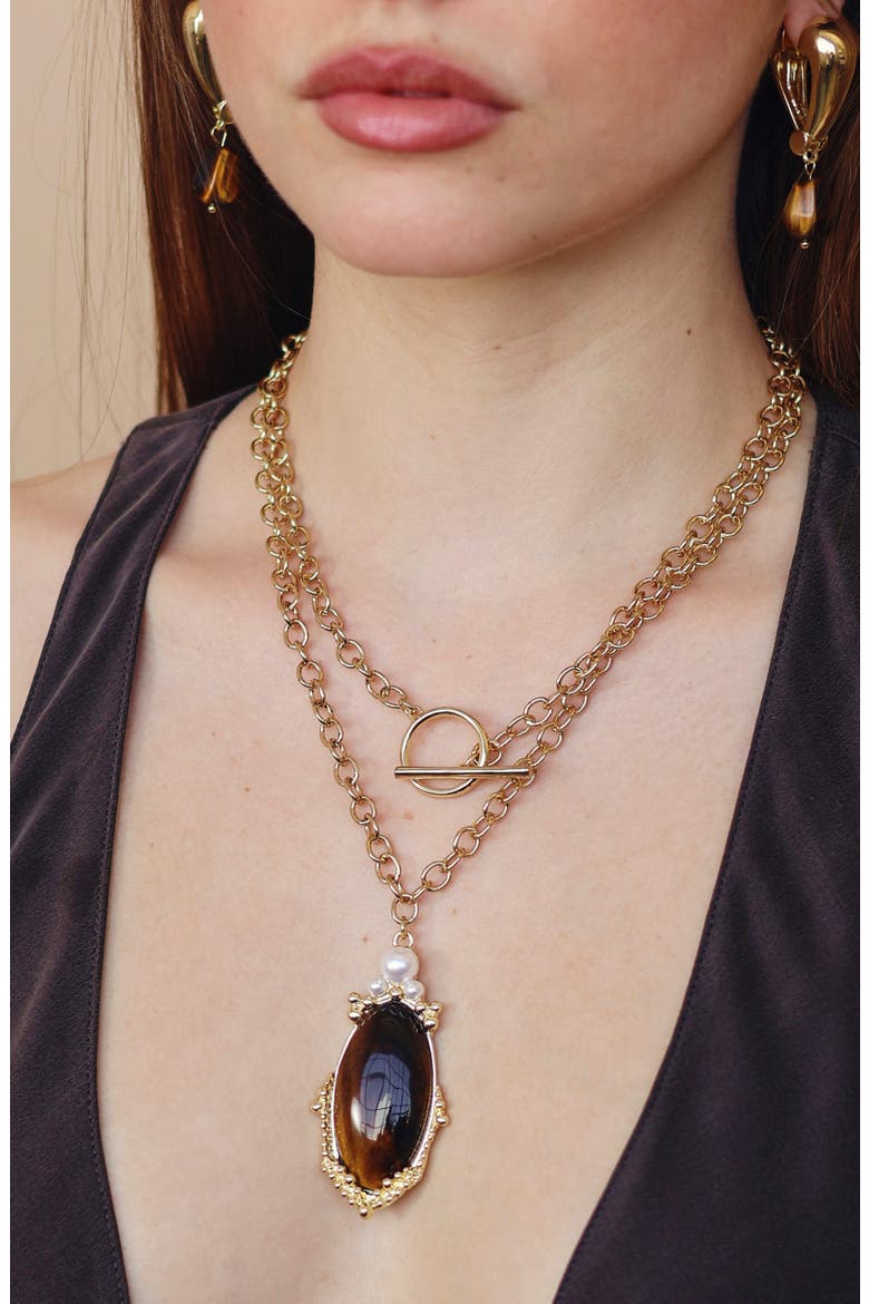 Wander Stone Pendant Layered Necklace, Alternate, color, GOLD/BROWN