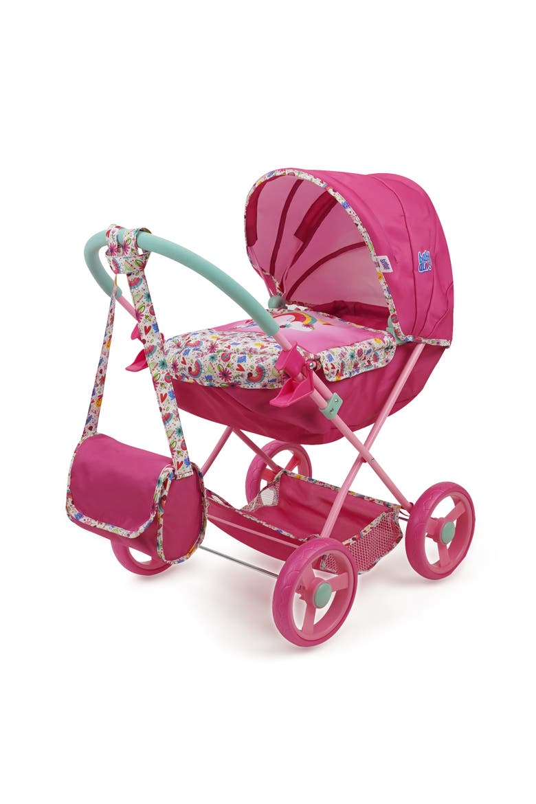 Deluxe Classic Doll Pram Pink & Rainbow Fits Dolls Up To 18", Main, color, Pink