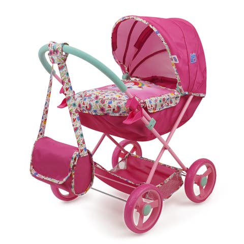 Deluxe Classic Doll Pram Pink & Rainbow Fits Dolls Up To 18"