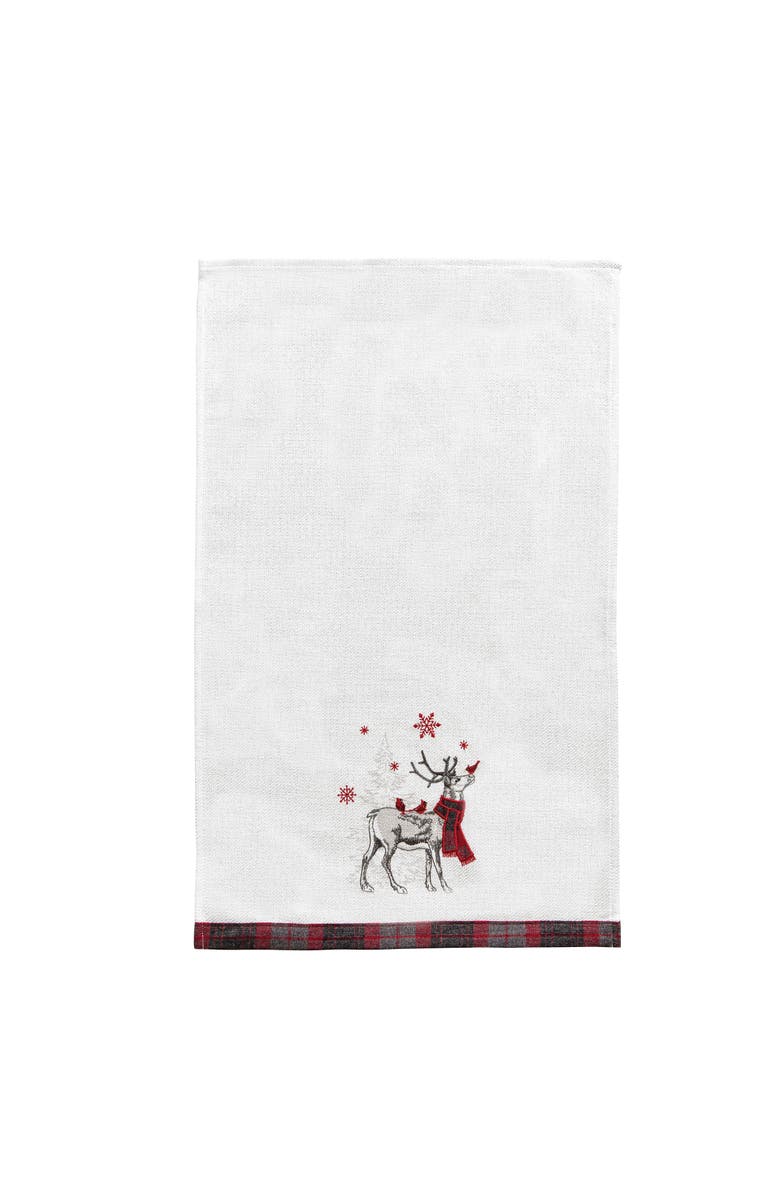 C&F Home 27" x 18" Frosty Deer White Deer Wearing Red & Black Plaid Scarf Christmas Holiday Embellished Flour Sack Kitchen Dish Towel, Main, color, White