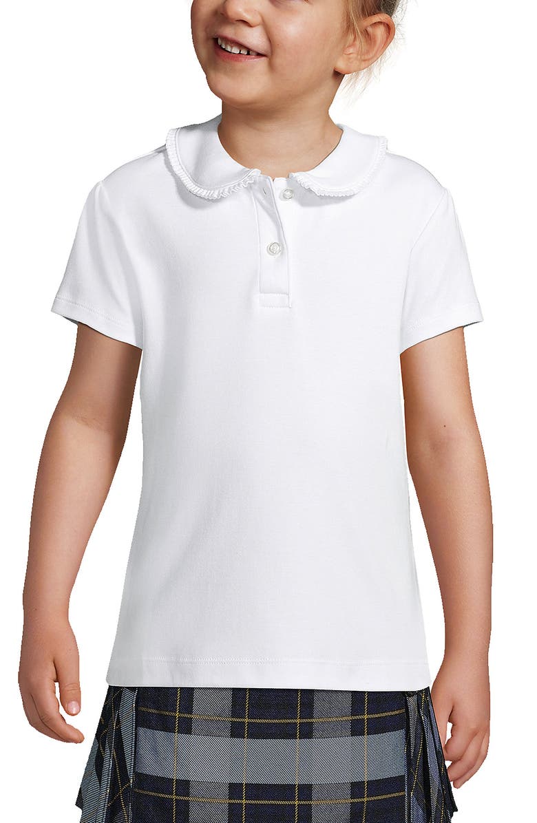 Lands' End Girls Short Sleeve Ruffled Peter Pan Collar Knit Shirt, Main, color, White