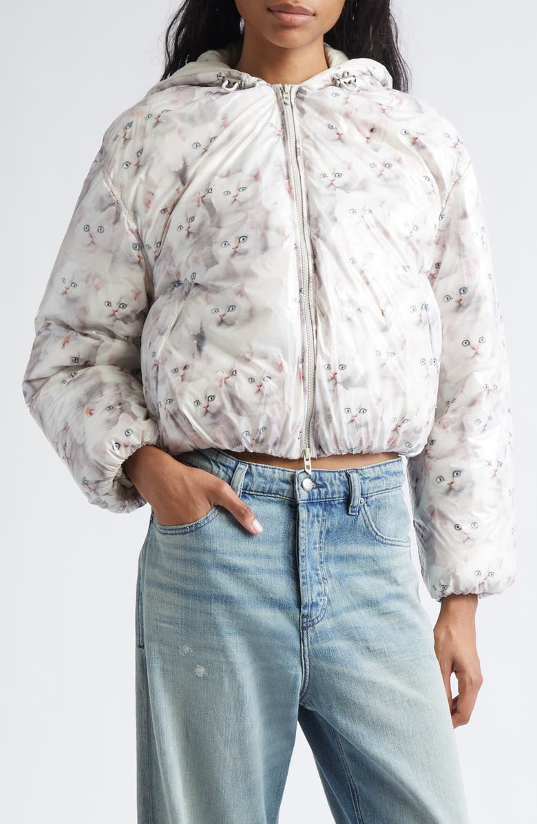 DIESEL<sup>®</sup> W-Inner-R1 Kitten Print Coated Nylon Hooded Puffer Jacket, Main, color, White