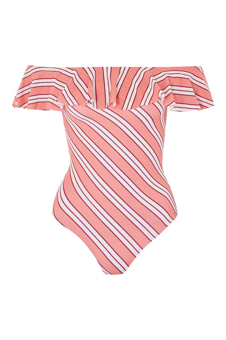 Ruffle Off the Shoulder One-Piece Swimsuit, Alternate, color, PINK MULTI