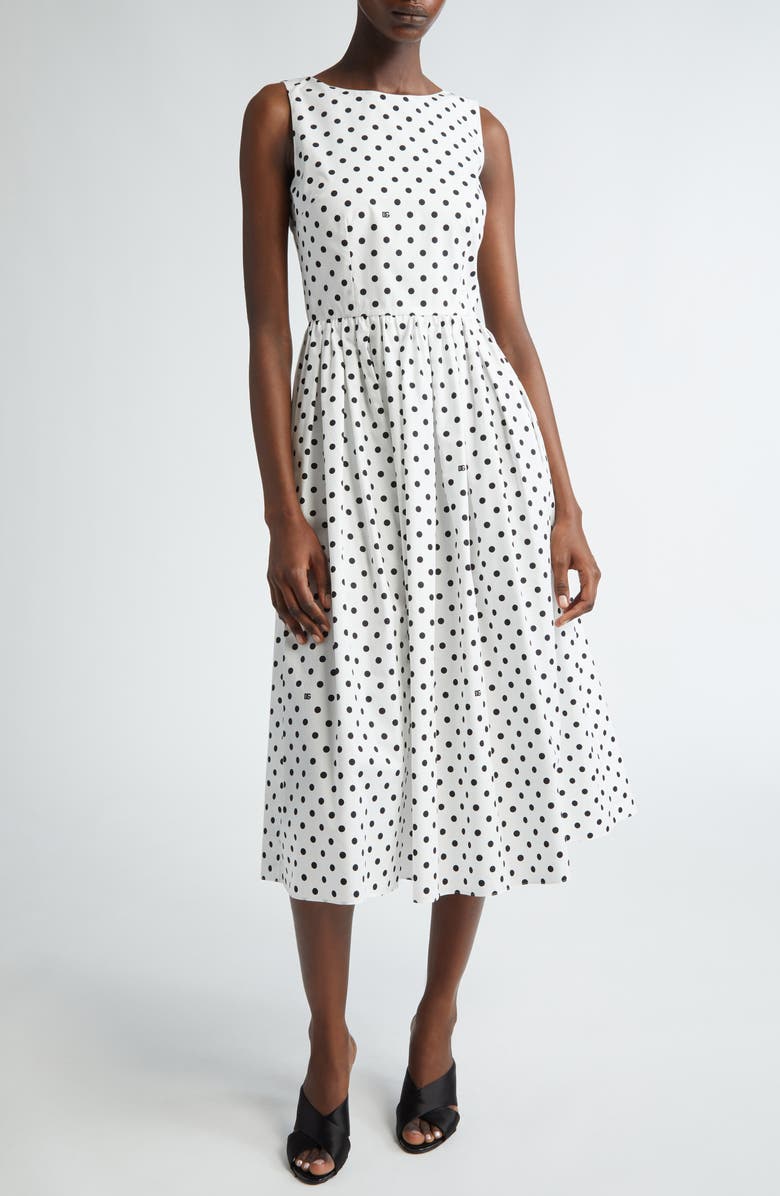 Dolce&Gabbana Polka Dot Sleeveless Cotton Midi Dress, Main, color, Black/ White
