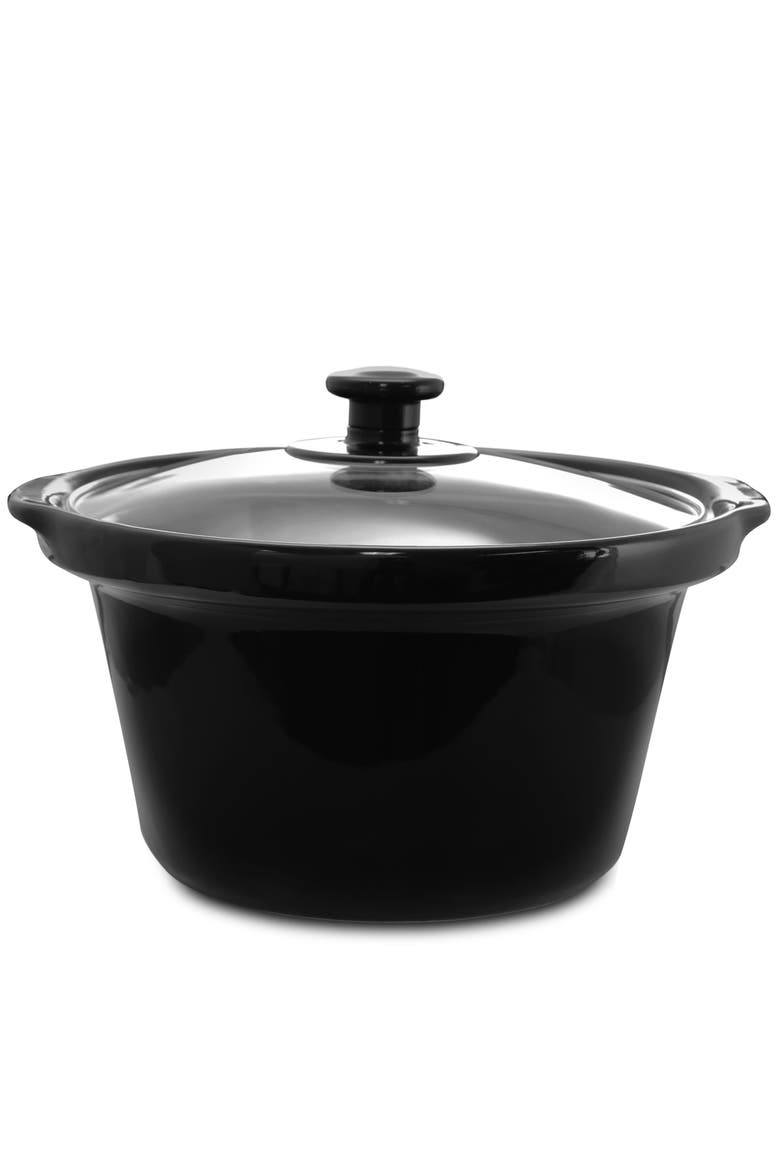 Triple 2.5 Quart Slow Cooker and Buffet Server in Brushed Copper and Black Finish with 3 Ceramic Cooking Pots and Removable Lid Rests, Alternate, color, Black