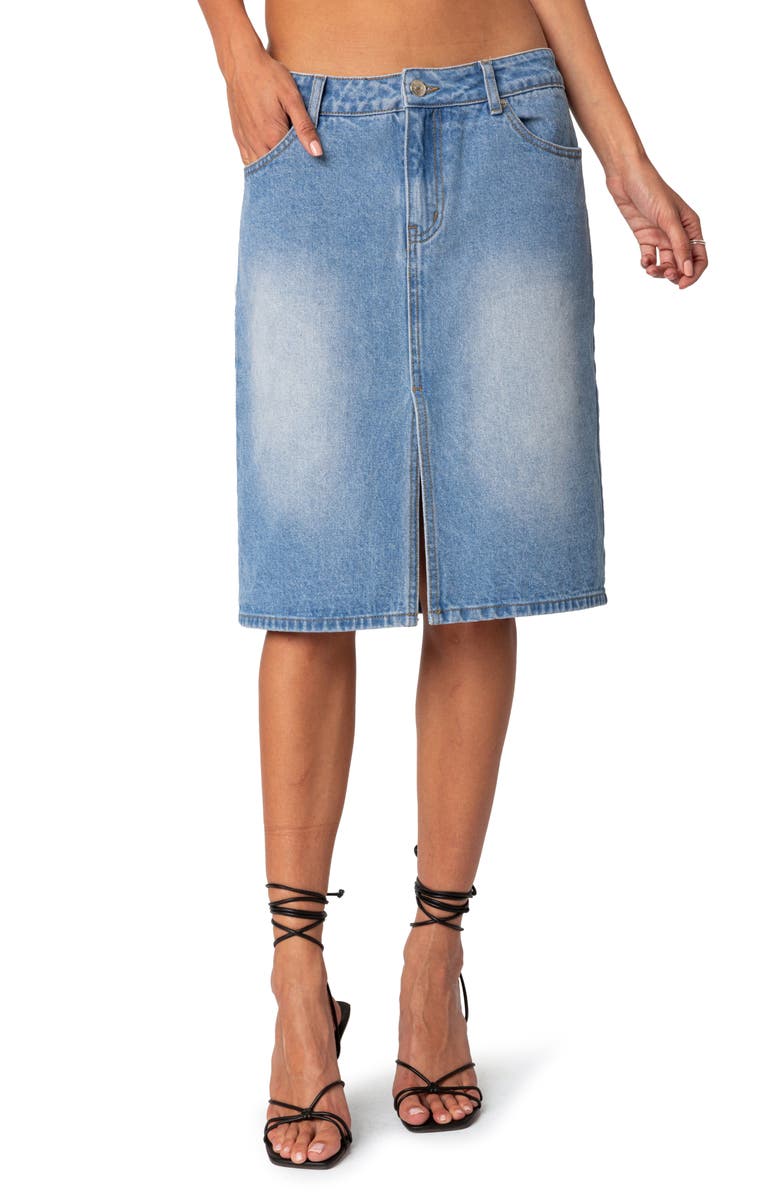 EDIKTED Junia Rigid Denim Midi Skirt, Main, color, 