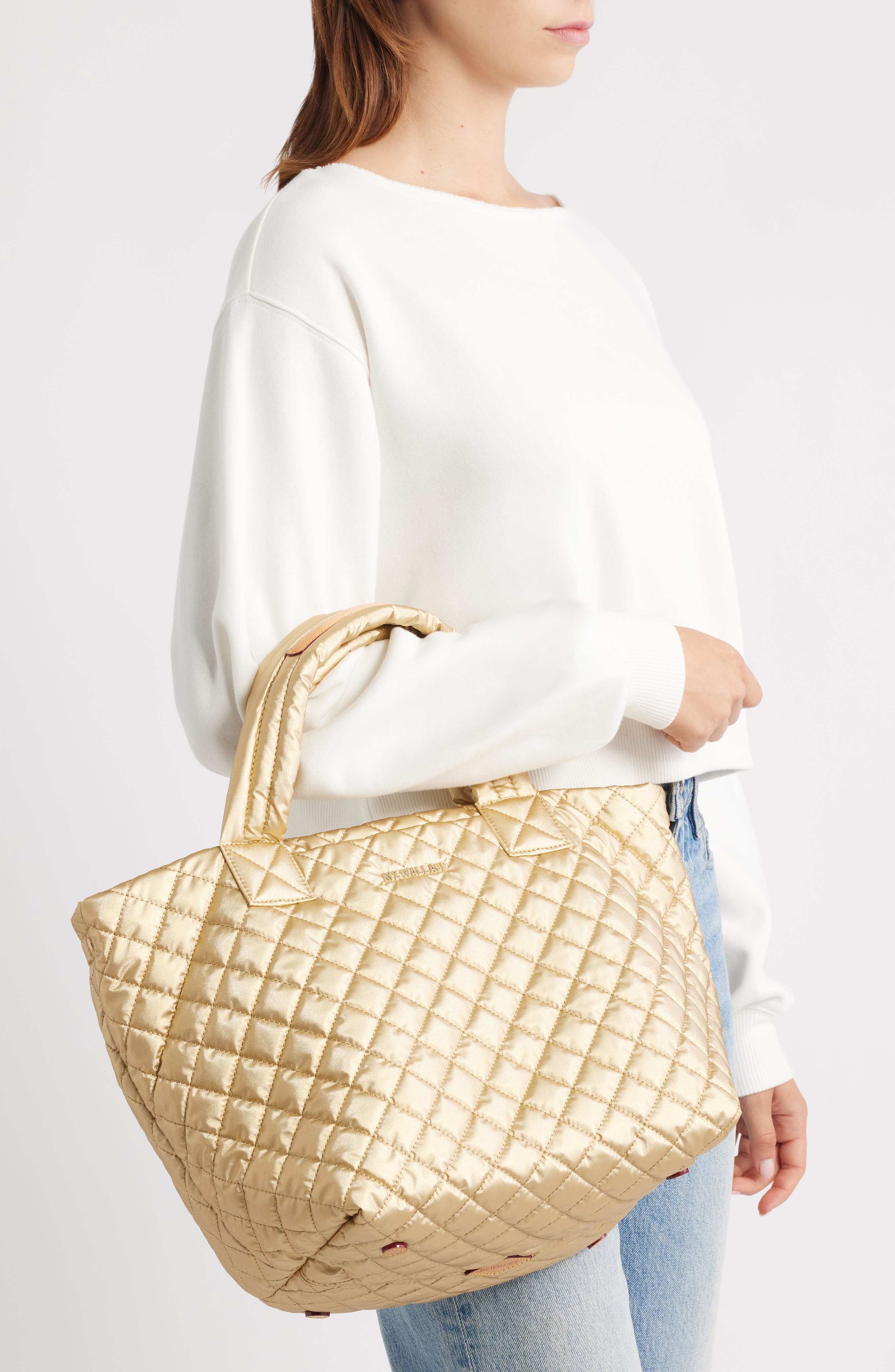 MZ Wallace Small Metro Deluxe Quilted Metallic Nylon Tote, Alternate, color, Light Gold Pearl Metallic