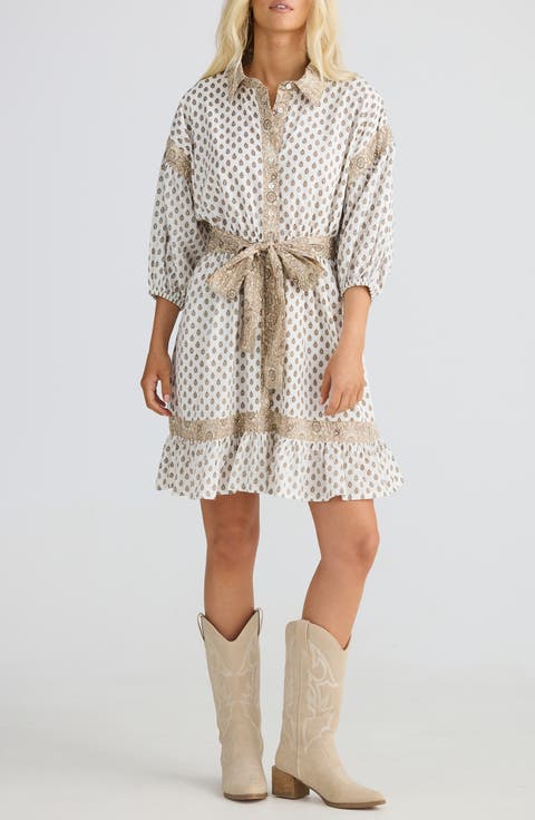 Echo Print Tie Waist Shirtdress