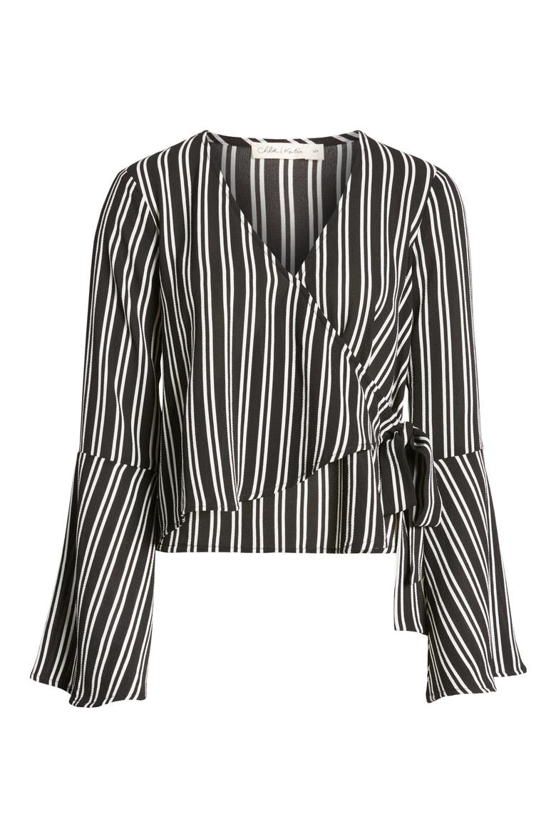 Bell Sleeve Wrap Top, Alternate, color, BLACK/WHITE STRIPE