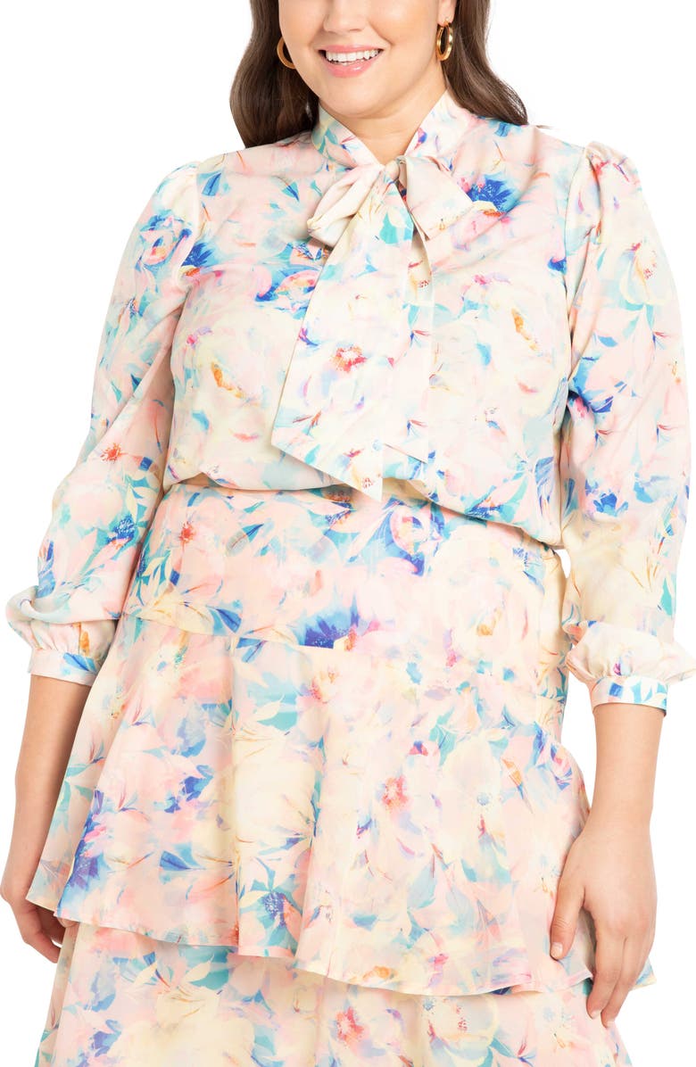 ELOQUII Floral Tie Neck Blouse, Main, color, 