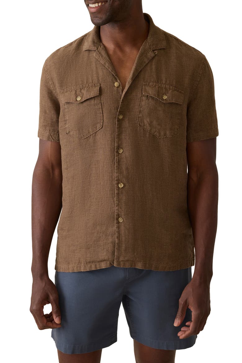 Reserve Basque Houndstooth Linen Camp Shirt, Main, color, DARK OAKWOOD PINCHECK