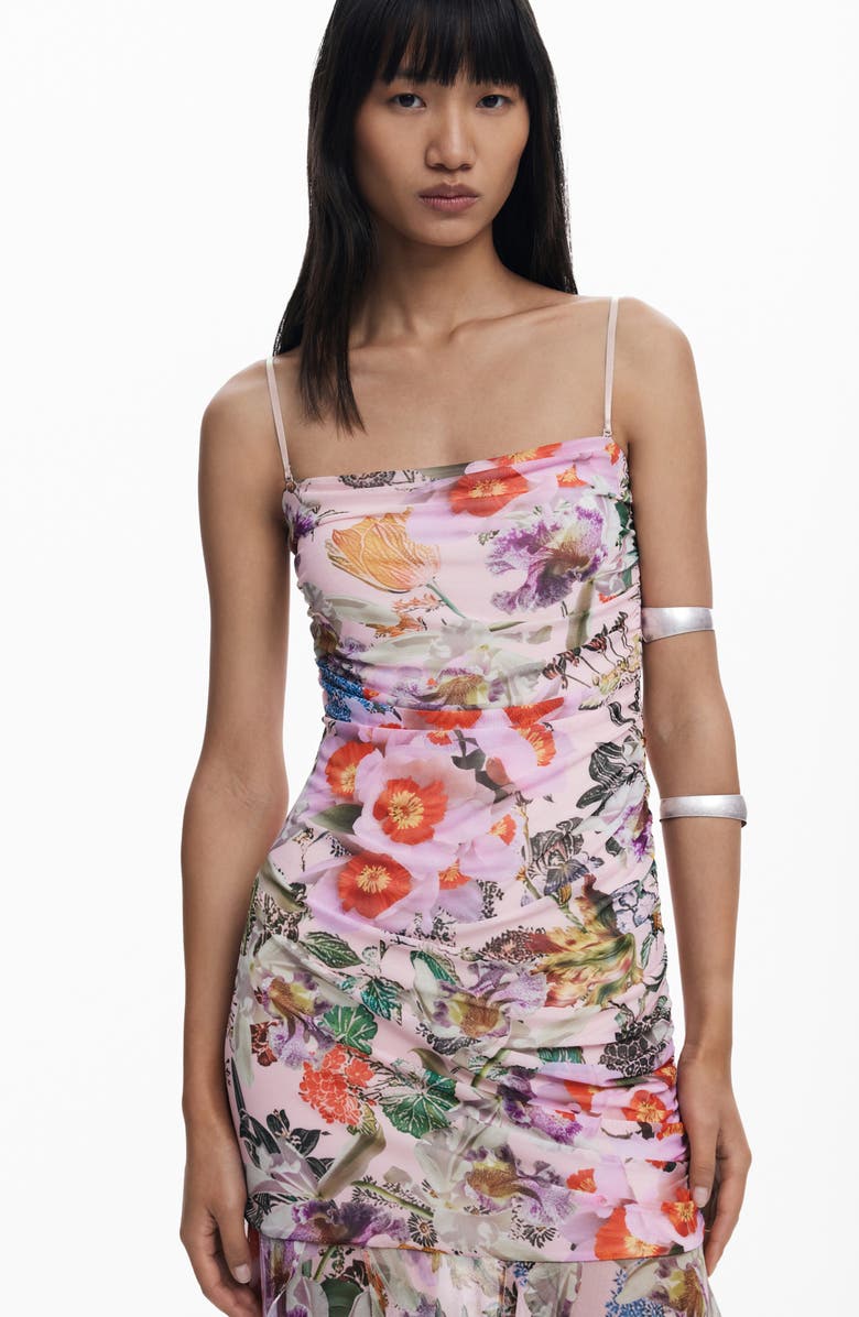 Desigual Ruched Ruffle Hem Asymmetric Maxi Dress, Alternate, color, Purple/ Red Multi