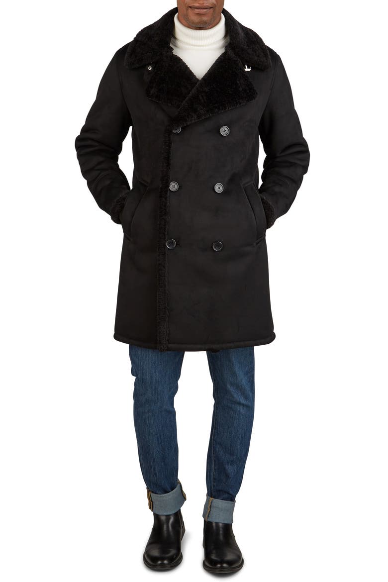 Double Breasted Faux Shearling Coat, Main, color, BLACK
