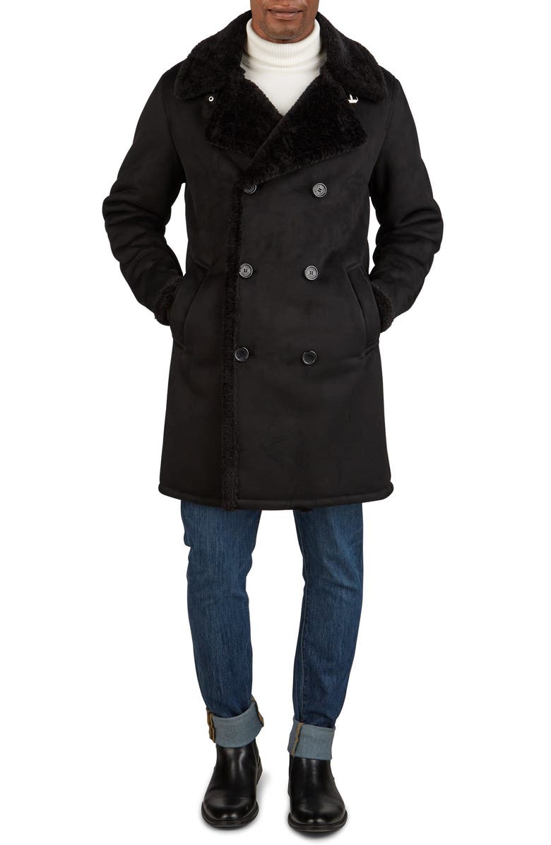 GUESS Double Breasted Faux Shearling Coat, Main, color, 