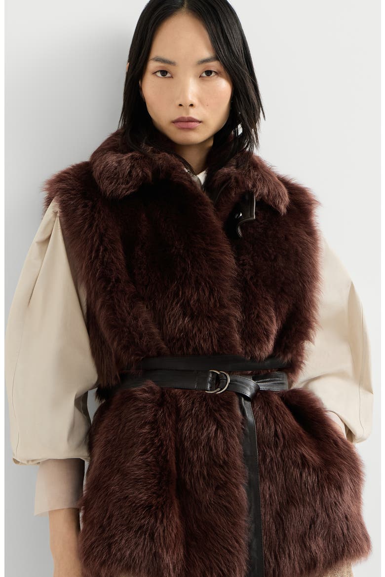 Lux shearling vest with nappa leather belt and monili, Alternate, color, Burgundy