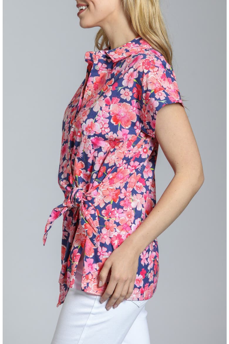 Floral Side Tie Cotton Button-Up Shirt, Alternate, color, BLUE/ PINK MULTI