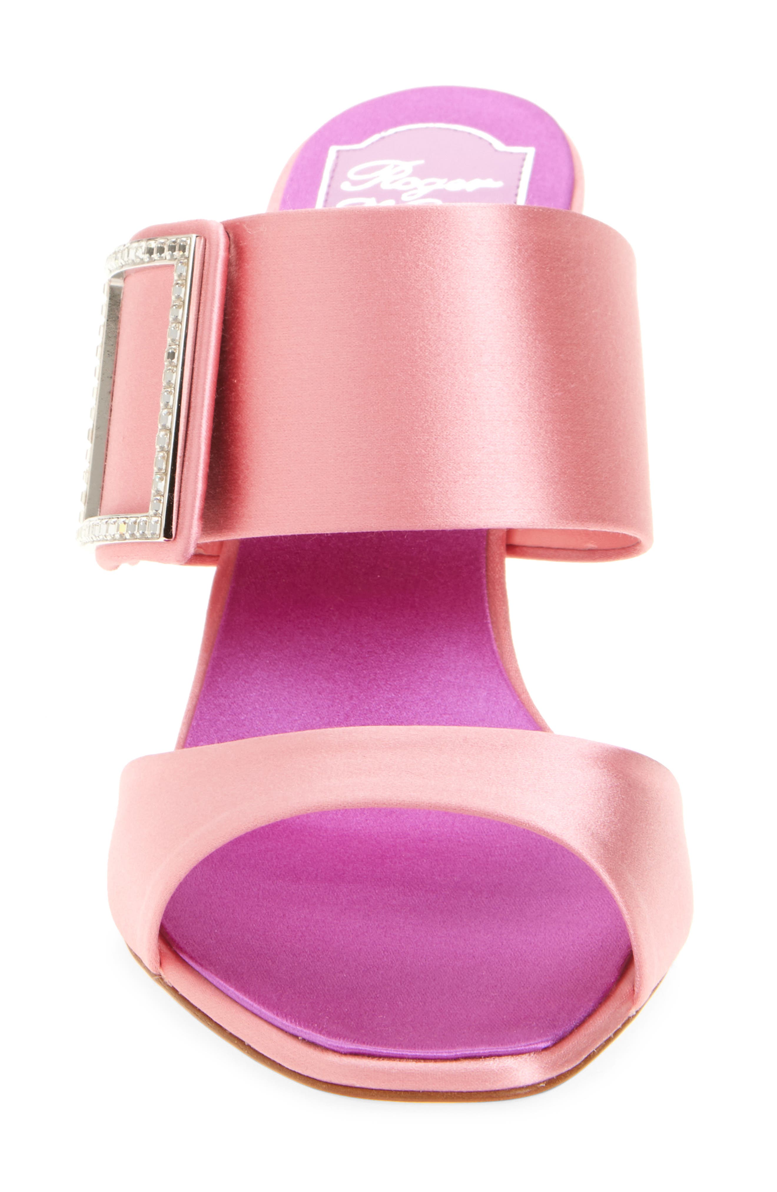 Roger Vivier Trompette Crystal Buckle Satin Sandal, Alternate, color, Rosa Antico Chiaro