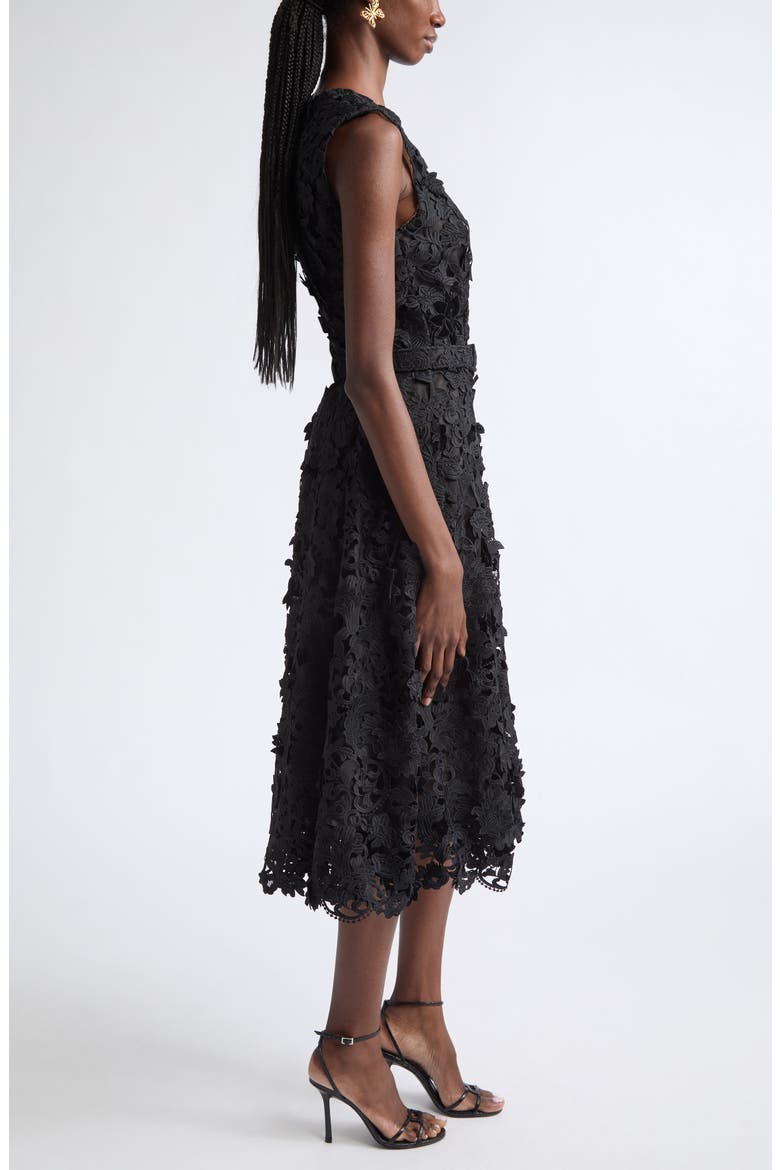 Feather Scroll Guipure Midi Dress, Alternate, color, BLACK
