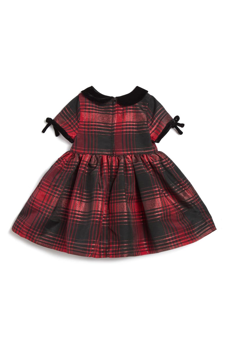 Pippa & Julie Molly Velvet Trim Plaid Peter Pan Collar Party Dress with Bloomers, Alternate, color, Red