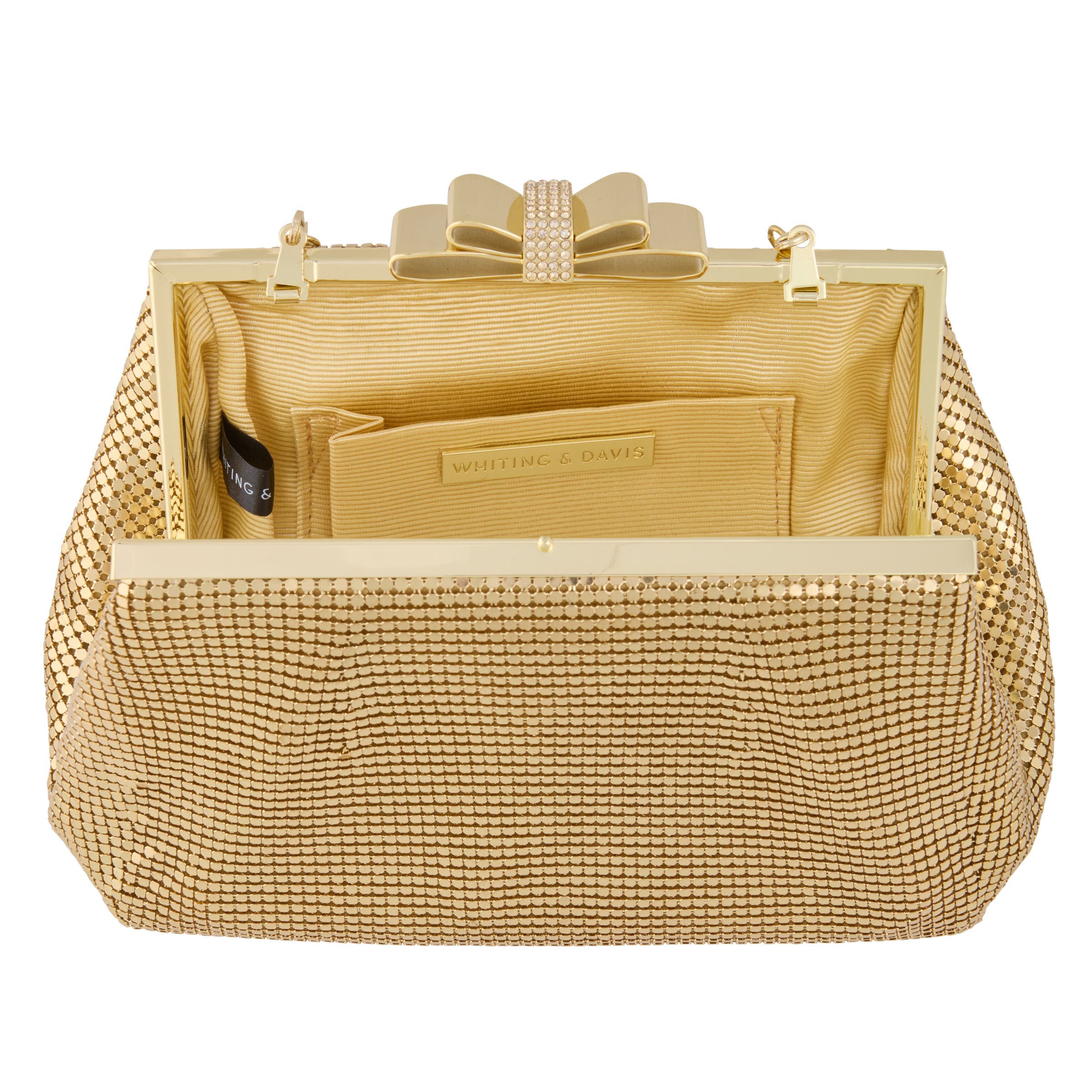 Whiting & Davis Blake Bow Clutch, Alternate, color, Metallic Gold