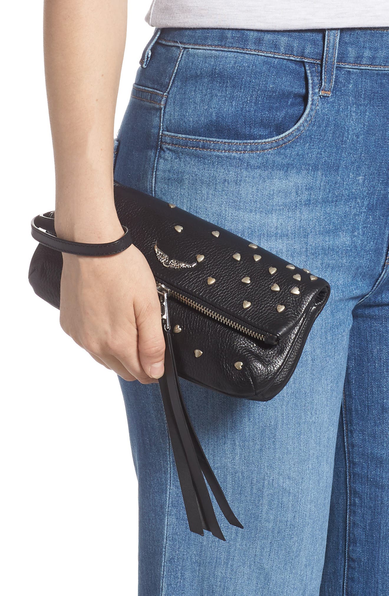 Zadig & Voltaire Rocky Heart Stud Leather Clutch, Alternate, color, 