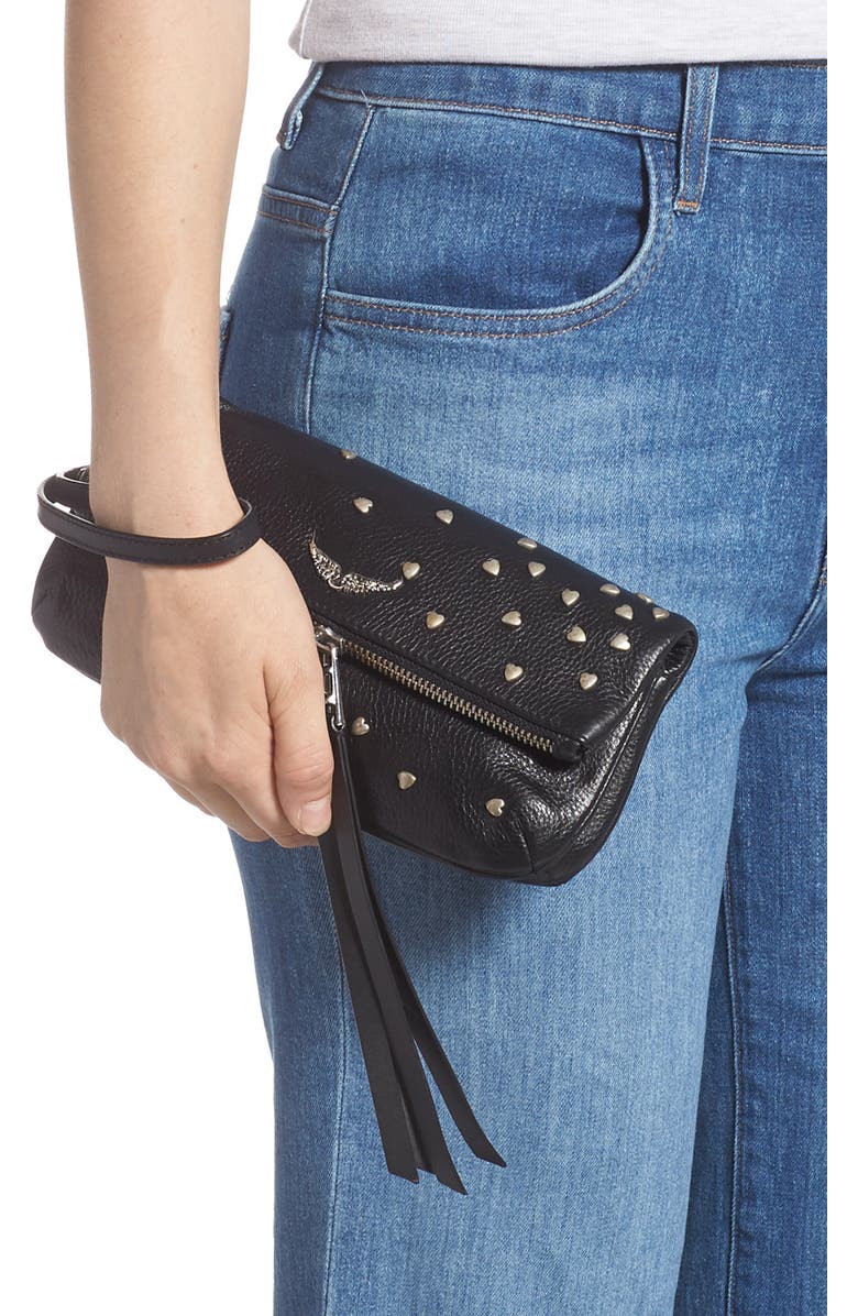 Zadig & Voltaire Rocky Heart Stud Leather Clutch, Alternate, color,