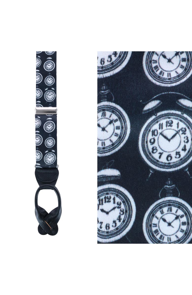 Trafalgar Ticking Time Clock Silk Button End Suspenders, Main, color, Black