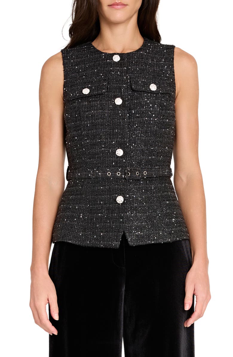Tahari ASL Rhinestone Bouclé Vest, Main, color, Black Silver