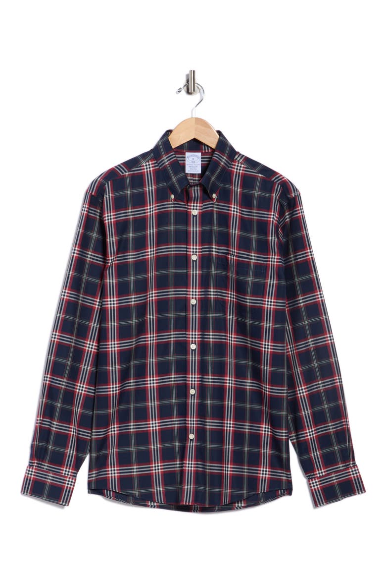 Regular Fit Non-Iron Tartan Cotton Button-Down Shirt, Alternate, color, NAVY SIGNATURE TARTAN