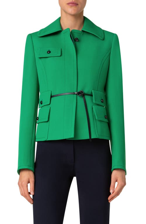 Akris Punto Wool Tricotine Belted Jacket In Sea Green-navy