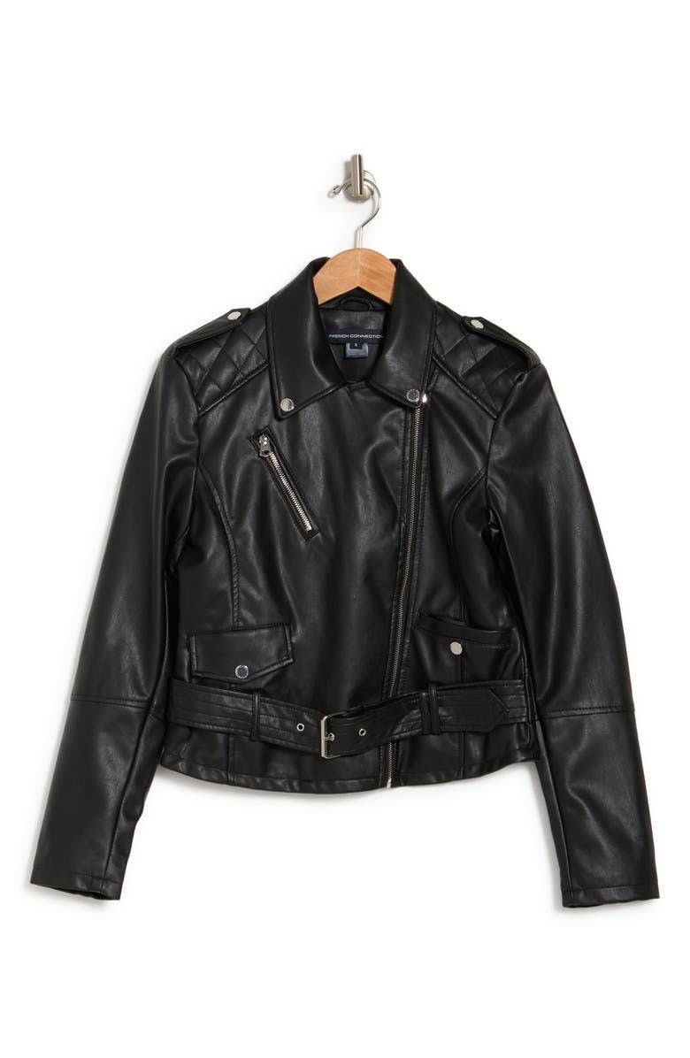 French Connection Faux Leather Belted Crop Moto Jacket, Alternate, color, 