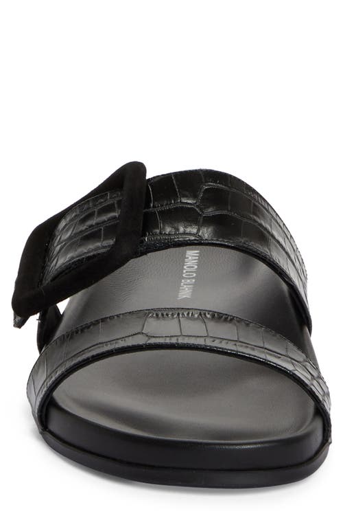 Manolo Blahnik Mayfu Croc Embossed Slide Sandal In Black