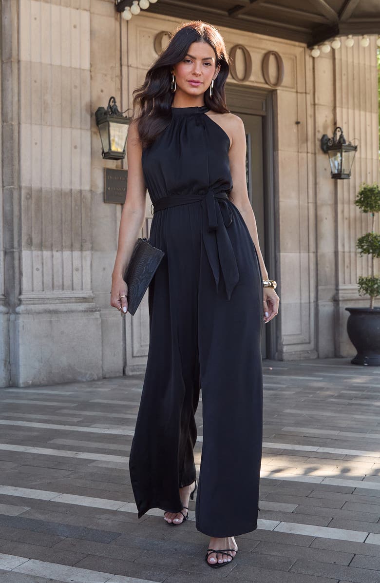 VICI Collection Sweet Spell Belted Halter Satin Jumpsuit, Alternate, color, 