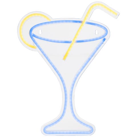 LED Martini Cocktail Neon Lighted Wall Art - 17" - Blue and Yellow