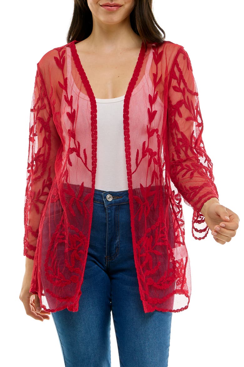 Embroidered Mesh Open Front Shirt, Main, color, NINA RED