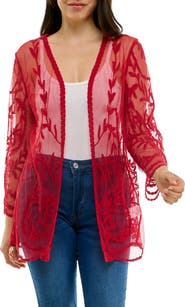 Nina Leonard Embroidered Mesh Open Front Shirt