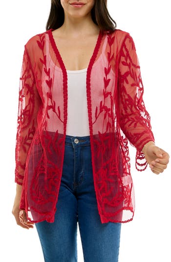 Nina Leonard Embroidered Mesh Open Front Shirt