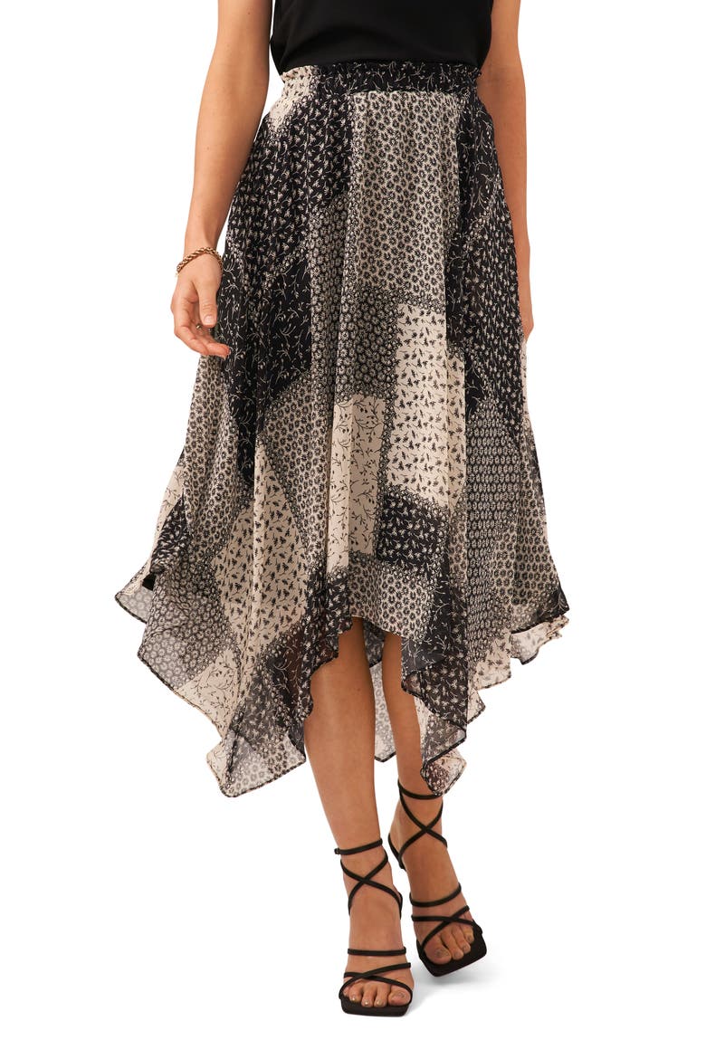 Mixed Print Handkerchief Hem Skirt, Main, color, RICH BLACK