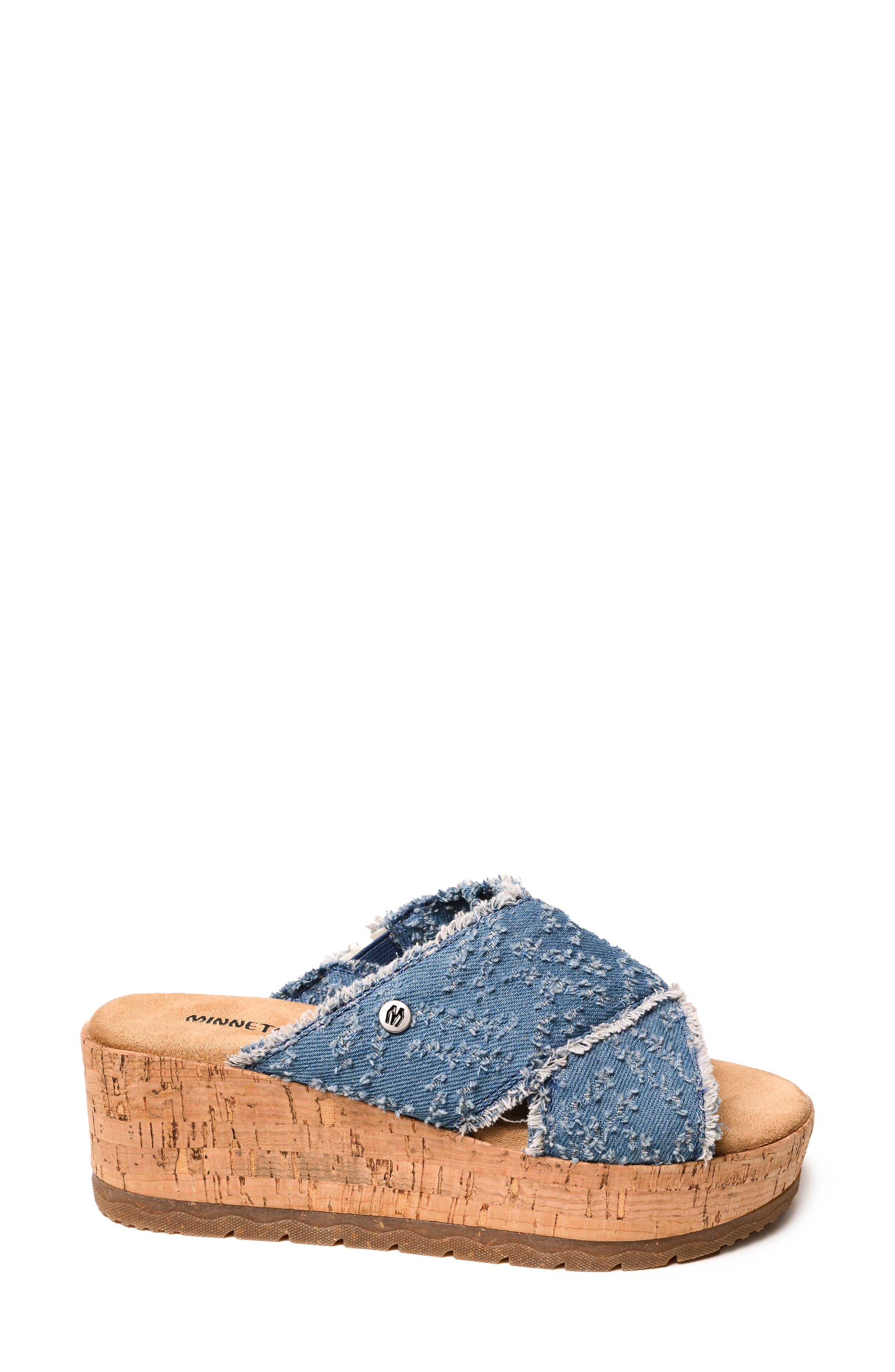 Minnetonka Posey Platform Wedge Slide Sandal, Alternate, color, Blue Distressed Denim