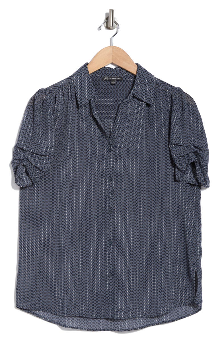 Adrianna Papell Patterned Pinch Sleeve Button-Up Shirt, Alternate, color, Dusty Blue Diamond Interlock