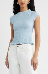 Open Edit Cap Sleeve Smocked Top