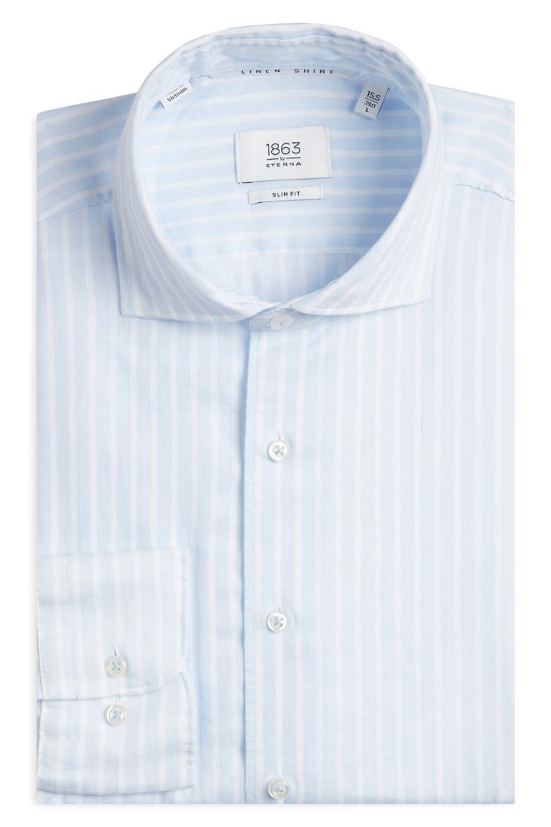 Slim Fit Stripe Non-Iron Cotton & Linen Dress Shirt, Alternate, color, LIGHT BLUE