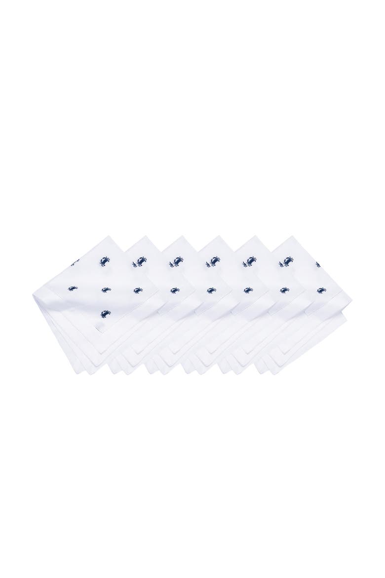 Navy Crab Embroidered Machine Washable Hemstitch Napkins Set of 6, Main, color, Blue
