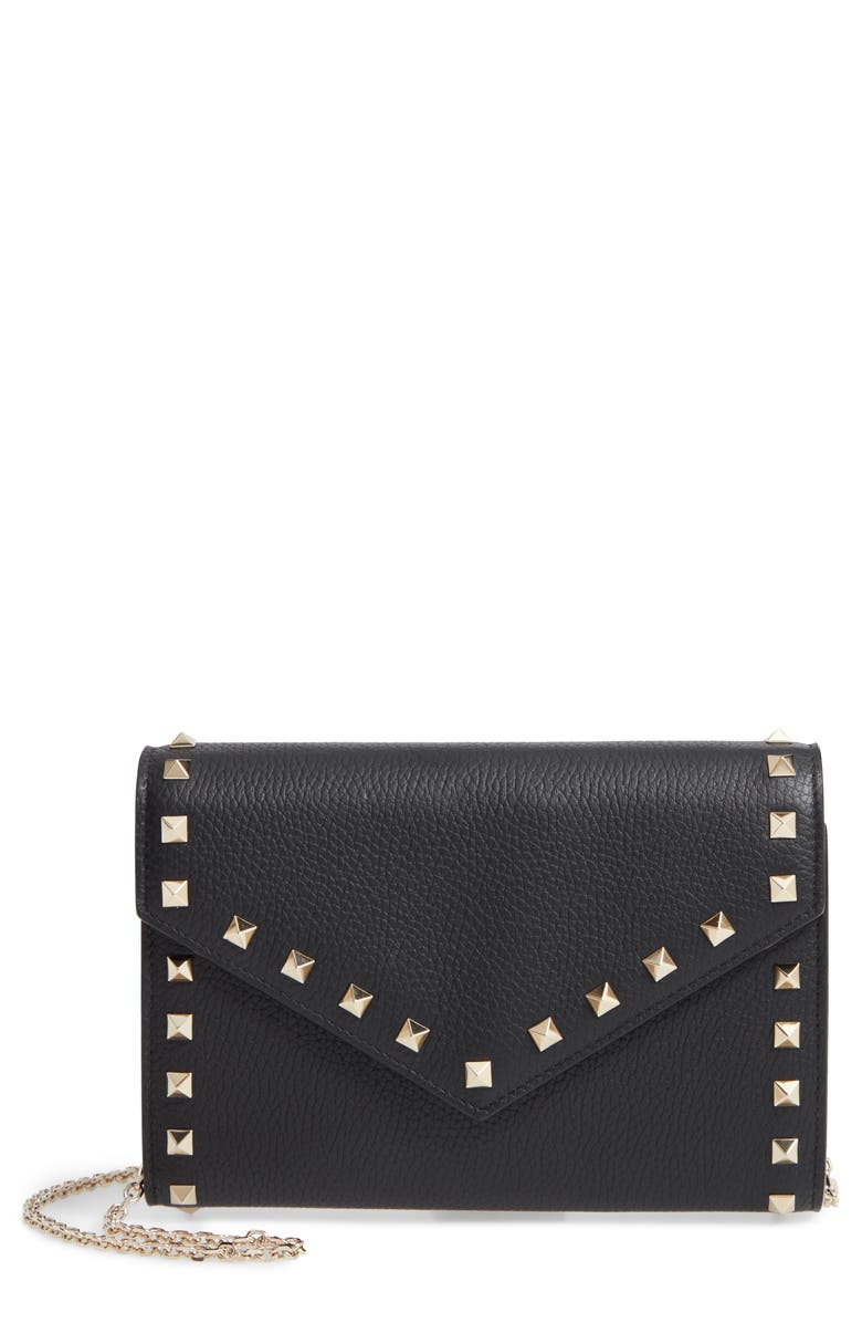 Valentino Garavani Rockstud V-Flap Calfskin Leather Wallet on a Chain, Main, color,