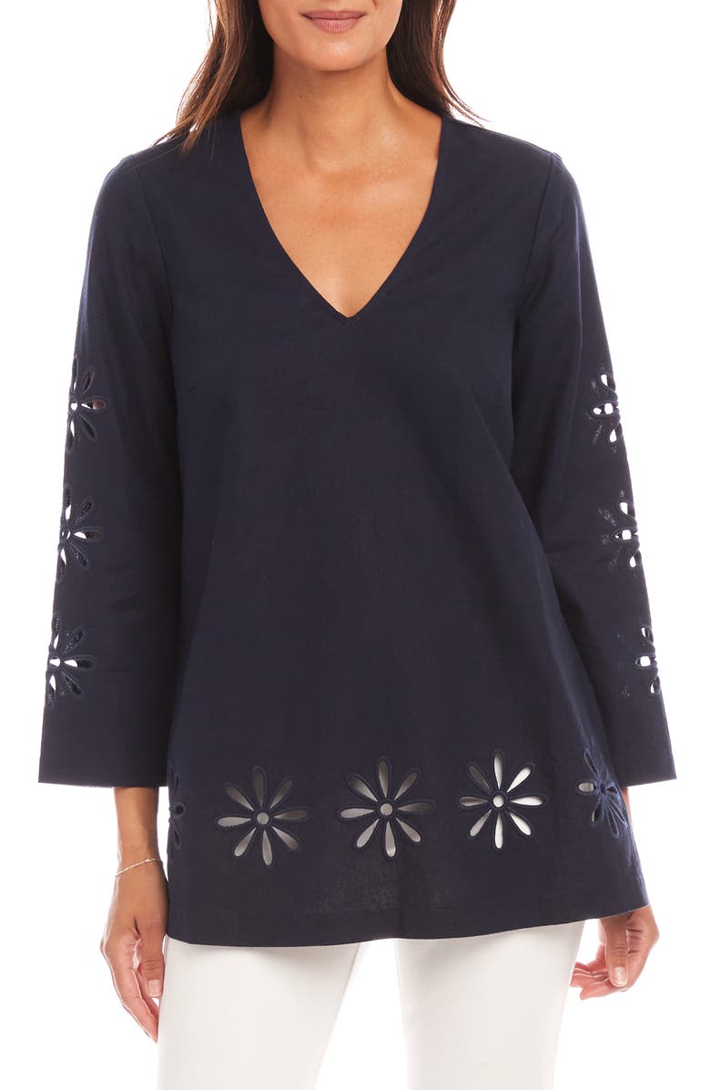 Karen Kane Floral Embroidered Eyelet Linen & Cotton Tunic Top, Main, color, Navy
