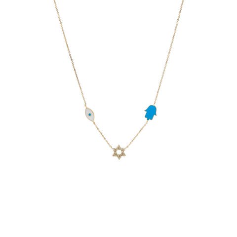 Diamond & Colored Enamel Jewish Charms Necklace 14K