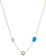 BY ADINA EDEN Diamond & Colored Enamel Jewish Charms Necklace 14K