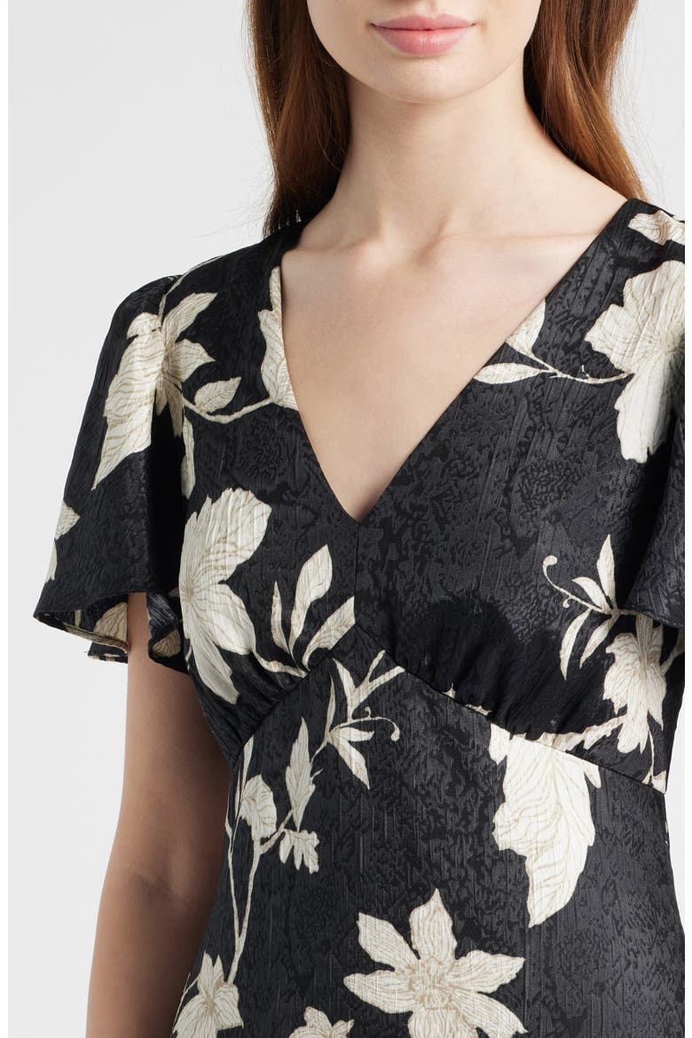Floral Jacquard Draped Midi Dress, Alternate, color, BLACK- IVORY JAN TOILE