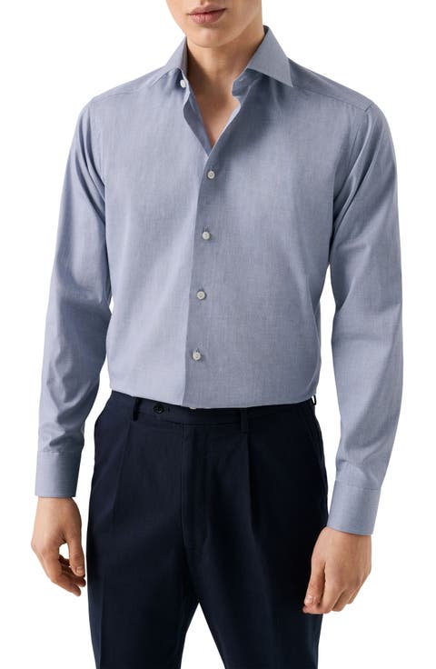 Trim Fit Blue Mélange Cotton Dress Shirt (Regular & Big)