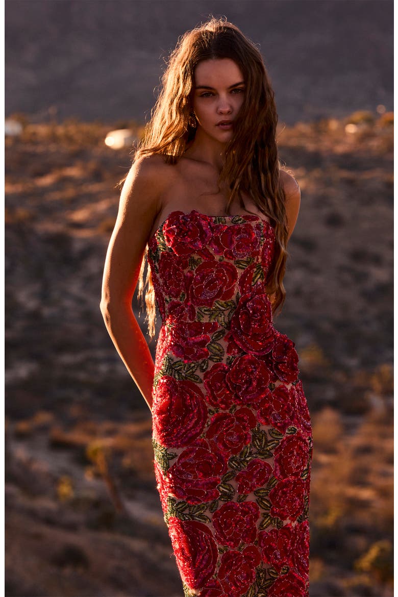 Victoria Sequin Floral Strapless Dress, Alternate, color, ROSE RED